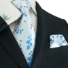 Landisun 24E Blue White Floral Pattern Mens Silk Tie Set: Tie+Hanky+Cufflinks