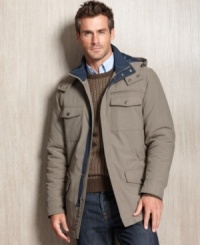 Don't let the chill chase you away. Be prepared to stay warm and keep all your essentials safe with this multi-pocketed medium-weight hooded jacket from Perry Ellis.