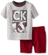 Calvin Klein Baby-boys Infant Stripe Tee With Short, Red, 12 Months