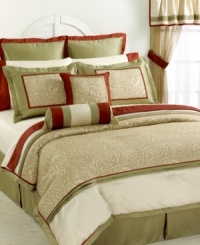 The Camellia comforter set reflects a fresh, natural elegance as an exquisite floral motif sits on a ground of tan and green with crisp pops of red. Solid-colored elements, embellished decorative pillows and sheer window panels complete the look for an instant update.