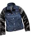 GUESS Kids Girls Big Girl Denim Jacket with Faux-Leather , INDIGO (10/12)