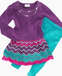 For your cheerful little girl is this fun and versatile zig zag bright dress plus legging set by Flapdoodles.