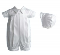 Lauren Madison baby boy Infant Christening Baptism Special occasion Polished Short Romper With Pleating On Front And Shirt Collar, White, 0-3 Months