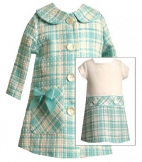 Size-4T, Aqua, BNJ-6621R, Aqua-Blue Ivory Bow Pocket Boucle Dress / Coat Set,Bonnie Jean Todders Special Occasion Party Dress