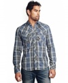 Classic western style gets a modern upgrade with this plaid shirt with embroidery detail from Affliction.