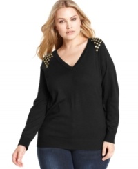 Glam up your casual style with MICHAEL Michael Kors' plus size sweater, featuring studded shoulders.