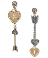 The key to your heart has arrived! Betsey Johnson's adorable mismatch earrings feature heart lock and arrow details. Fall in love with these linears. Crafted in antiqued gold tone mixed metal. Approximate drop: 3 to 3-1/4 inches.