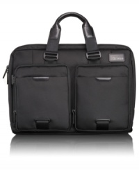 Move on! This durable, high-performance brief flies through airport security, letting you keep your laptop in the pack and stay organized from start to finish. A slim profile packs you prepared with numerous accessory pockets, a removable cord pouch, iPad pocket, laptop compartment and more. 5-year warranty.