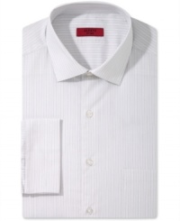 Shine up your office attire with this metallic-striped, fitted shirt from Alfani RED.