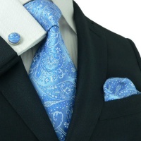 LANDISUN 56E BLUE PAISLEY TIE SET:TIE+HANKY+CUFFLINKS