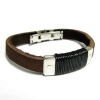 Stainless Steel 9mm Round Black Leather Flat Brown Leather Cord Watch Clasp Cuff Wristband Bangle Bracelet 8 Inches