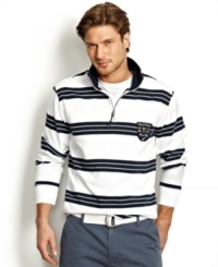 Set sail for great nautical style with this preppy half-zip shirt from Nautica.