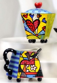 New Romero Britto Creamer & Sugar Set Ceramic Cream Coffee Bowl Collection NIP !