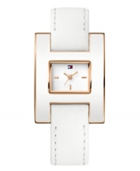 Pristine and refined styling from Tommy Hilfiger. Watch crafted of white calf leather strap and rectangular white enamel and rose-gold tone stainless steel case. White dial features rose-gold tone stick indices, three hands and iconic flag logo at twelve o'clock. Quartz movement. Water resistant to 30 meters. Ten-year limited warranty.