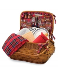 Summer romance. Picnic Time's Highlander picnic basket weaves rattan and bamboo with tartan plaid for totally irresistible charm. Plates, flatware and other essentials for four bring full service to the boardwalk, park or fireworks display.