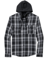 Pop the hood. Now you can, without sacrificing your fave weekend look with this hooded flannel from DC Shoes.