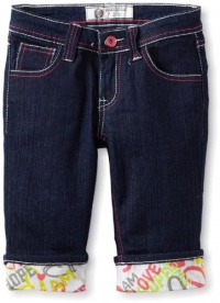 Southpole - Kids Girls 7-16 Denim bermuda short with roll up printed graffiti cuffs and embroidered back pocket, Rinse Indigo, 16