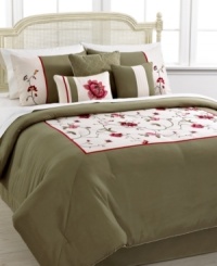 On the vine. Simple elegance decorates the bedroom in this Vineyard Rose comforter set, featuring a rich green hue embellished with a center panel of embroidered roses in red hues for a romantic touch. Decorative pillows, shams and bedskirt draw in coordinating colors and designs for an air of fresh and casual style.