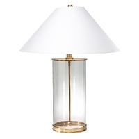 Clean, modern design with antiqued white paper coolie shade and clear crystal cylinder.