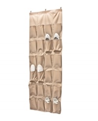 Rethink your room by clearing out valuable floor space and claiming over-the-door space for shoes that cause clutter. Holding up to 24 pairs, this reinforced organizer maximizes storage in small apartments and tight squeezes.