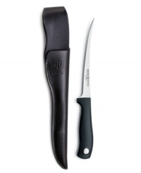 Get some game! Perfect for the outdoors, this durable knife serves up expertly sliced fish, meat and game and stores neatly in the rustic leather sheath.  The extra-thin forged stainless steel blade maneuvers around bones and cartilage for a masterful cut above the rest. Lifetime warranty.