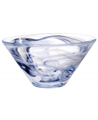 A dramatic accent, this Tempera bowl features heavy glass laced with hand-painted swirls of black, white and blue. Designed by Anna Ehrner for Kosta Boda.