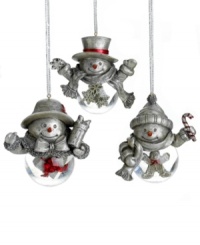 Shake things up. Three friendly snowmen with bellies full of holiday treats are part ornaments, part snow globes and wholly irresistible. With present, snowflake and gingerbread motifs. From Towle.