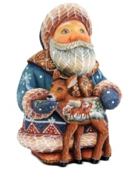 Santa Claus shares a special moment with a friendly fawn in this ornament from DeBrekht, painted free-hand for a one-of-a-kind authenticity that your family with cherish for years to come.