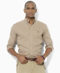 A preppy madras pattern enlivens a classic-fitting sport shirt, tailored from soft cotton twill for comfortable style.