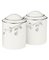 Birch branches grow around these pure white porcelain salt and pepper shakers from Noritake dinnerware. The dishes of this set turn formal tables into serene landscapes. The contemporary design is refined in polished platinum with a breezy, all-natural beauty.