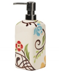 Hand painted with folksy florals, the Jardine soap dispenser by Eva Mendes delivers colorful fresh-for-spring style to casual kitchens.