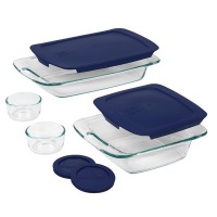 Pyrex Easy Grab 8 piece Bake and Store set includes 1-ea 3 quart oblong,8 inch square, 2-ea 1 cup round storage dishes with blue plastic covers