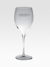 Crafted in Italy, this engraved set is a timeless, thoughtful gift for a wine enthusiast. Set of 4Clear glass10.25 highDishwasher safeMade in ItalyFOR PERSONALIZATIONSelect a quantity, then scroll down and click on PERSONALIZE & ADD TO BAG to choose and preview your personalization options. Please allow 2 weeks for delivery.