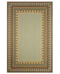 Indoors or out, this versatile rug makes every environment more inviting. Designed for use in high-traffic rooms or fashionable outdoor patios, this attractive piece takes a classic border design and updates it with distinctive lines and fresh aqua hues. UV-stabilized to resist fading.