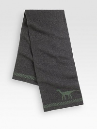 A brilliant combination of luxury and lighthearted style, a camel hair-wool scarf with a dinosaur design.50% camel hair/50% woolAbout 13 X 42Dry cleanMade in Italy