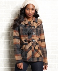 Designed to highlight your outdoorsy side, this duffle coat from Maralyn & Me features a fur-trimmed hood to keep you dry plus a timeless plaid-print.