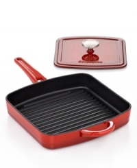 Cast iron changes everything! This classic kitchen fave heats up quickly & evenly for flavorful results and a truly seasoned approach to cooking. In a striking hue, this professional pan offers the perfect space for grilling and frying, plus with the included press, it turns your space into sandwich central. Lifetime warranty.