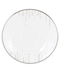 Bone china with platinum edges drips glittering icicles on slick, snowy white from Lenox Lifestyle dinnerware. The dishes, like this Platinum Ice saucer, are a recipe for cool in modern decor, delivering unique, unforgettable style to quiet meals and casual get-togethers. (Clearance)