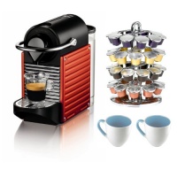 Nespresso C60 Pixie Espresso Maker in Red + Nifty Capsule Coffee Carousel + 2 Stoneware Mugs