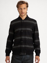 Finely knit wool blend shapes a yarn-dyed, zip-front sweater covered in masculine, modern stripes.Zip front40% acrylic/30% wool/30% polyesterDry cleanImported