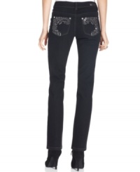 Look your slimmest in Style&co.'s petite straight-leg jeans, featuring a special tummy-smoothing panel at the front. Special rhinestone embellishments at the pockets add bling!