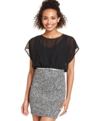 A chic mix of tweed and chiffon, this dress from Sequin Hearts captures the grace of formal style.