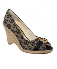 MICHAEL Michael Kors Meg Peep Toe Espadrille Black Monogram Jacquard Wedges (6 M US Women)