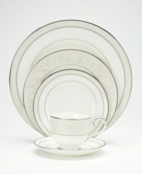 The versatile and stylish Montvale Platinum 5-piece place settings will coordinate perfectly with a variety of table linens and flatware. An ornate scroll motif trimmed in platinum adds a sophisticated sensibility to your tabletop.