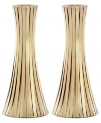 Always radiant, the Gold Vertical candlestick from Donna Karan Lenox is wrapped in long metal channels that overlap to create a simple cone shape.