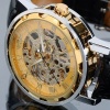 Vantasy Men's Luxury Gold Plated Stainless Steel Hand Wind Skeleton Analog Mechanical Black Leather Wrist Watch