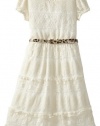 Bloome Girls 7-16 Short Sleeve All Over Lace Dress with Animal Print Functional Belt, Cream, 16