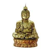 A softly painted golden Buddha sits atop his cushion rendering a peaceful presence on your Christmas tree.