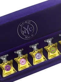 A quintet of Bond No. 9 favorites, these eau de parfum miniatures (ideal for travel) stand at the ready in their transparent bottles, secured in their velvet jewel box. This is the ideal gift for the frequent flyer who rotates her travel scents from trip to trip. Scents: Bleecker Street, Chinatown, The Scent of Peace, Madison Square Park and Central Park West. 0.17 oz. each. Made in USA. 