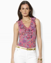 A vibrant pattern and delicate ruffles enliven Lauren Jeans Co.'s top, crafted from soft cotton jersey.